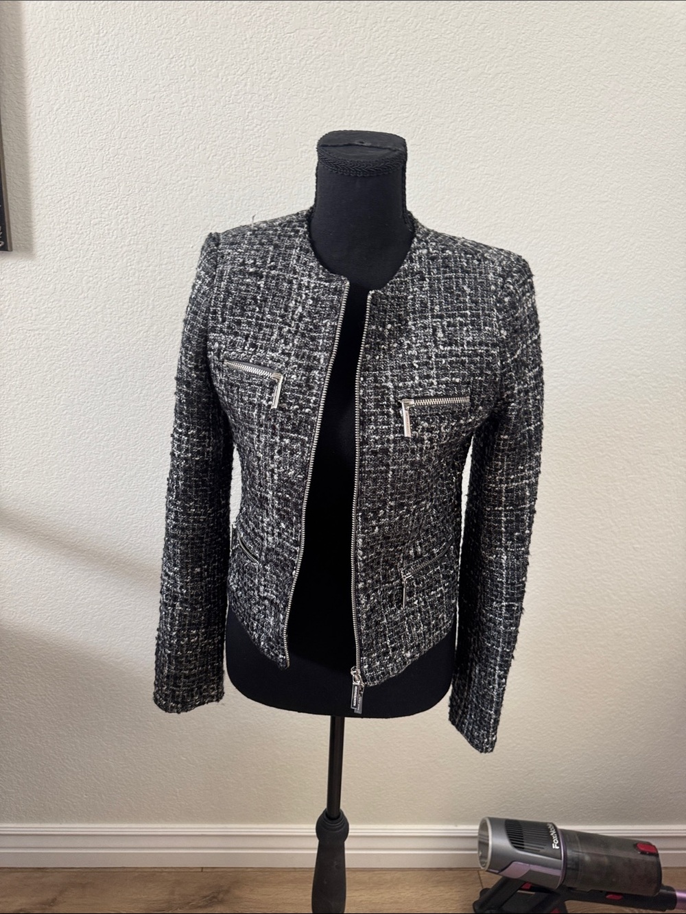 Michael Kors Black & White Tweed Zip Jacket